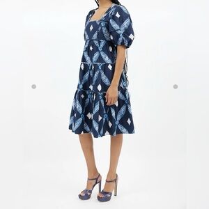 Ulla Johnson Nora Dress Indigo Size 2 Ruffle Blue Quilted Puff Sleeve Poplin